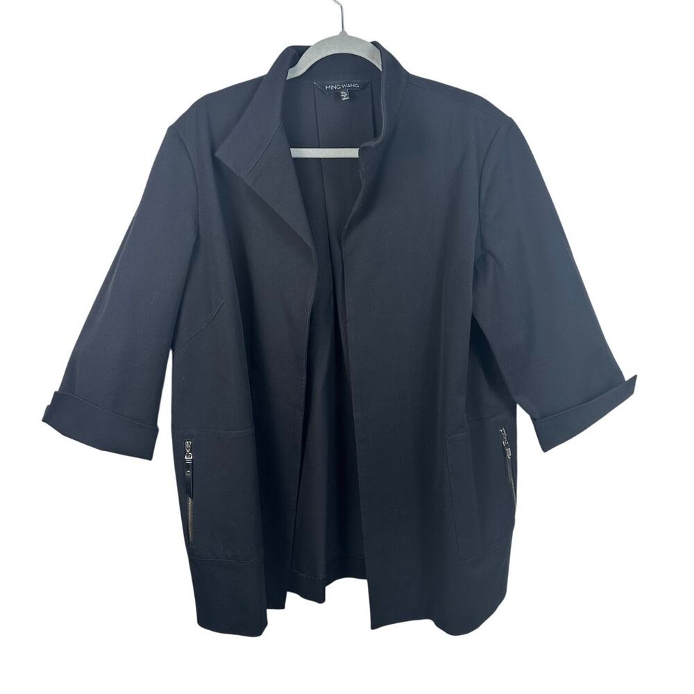Ming Wang Blazer Jacket Women XL Black Excellent‎ Knit Open Front 3/4 Sleeve Zip